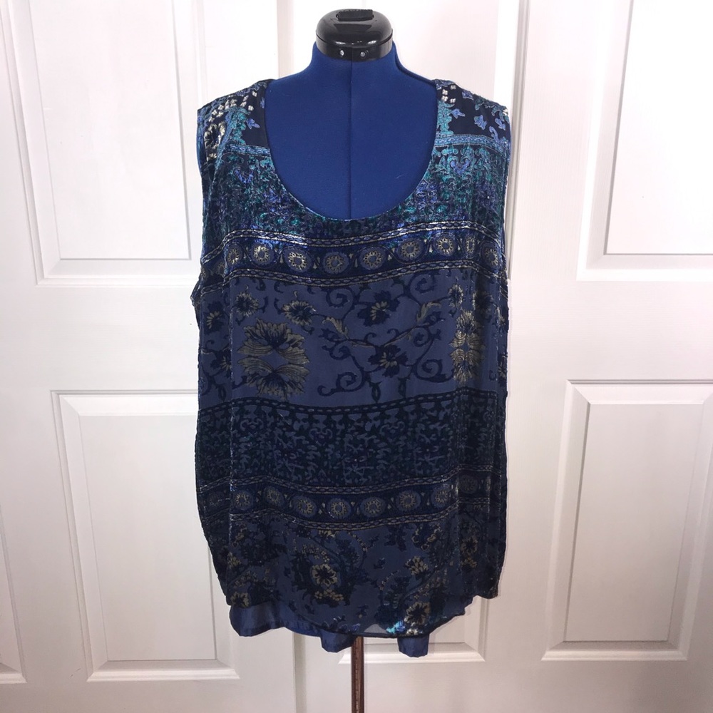 Ulla Popken plus 28/30 blue silk blend burn out shell tank blouse